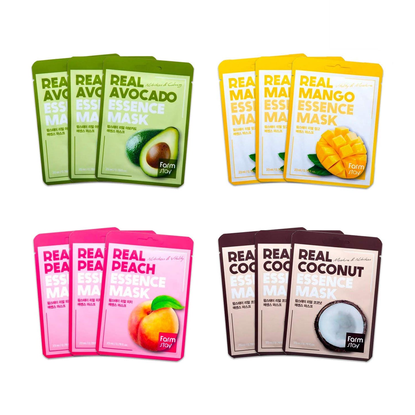 FARMSTAY Real Essence Facial Sheet 12 Pack Korean Skincare Mask Combo (Coconut, Avocado, Peach, Mango)