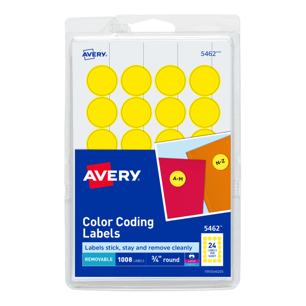 Avery Print/Write Self-Adhesive Removable Labels 0.75 Inch Diameter Yellow 1 008 per Pack (5462)