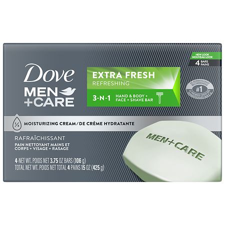 Dove Men+Care Extra Fresh 3-in-1 Cleanser for Body Face and Shaving Bar 3.75 Oz 4 Bars