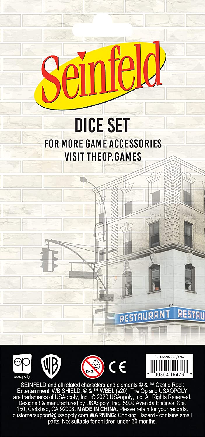 Seinfeld Dice Set | Collectible d6 Dice Featuring Characters & References - Kramer Painting, Kramer’s Coffee Table Book, Fusilli Jerry, The Rye, and Bowl of Soup | Officially Licensed 6-sided Dice
