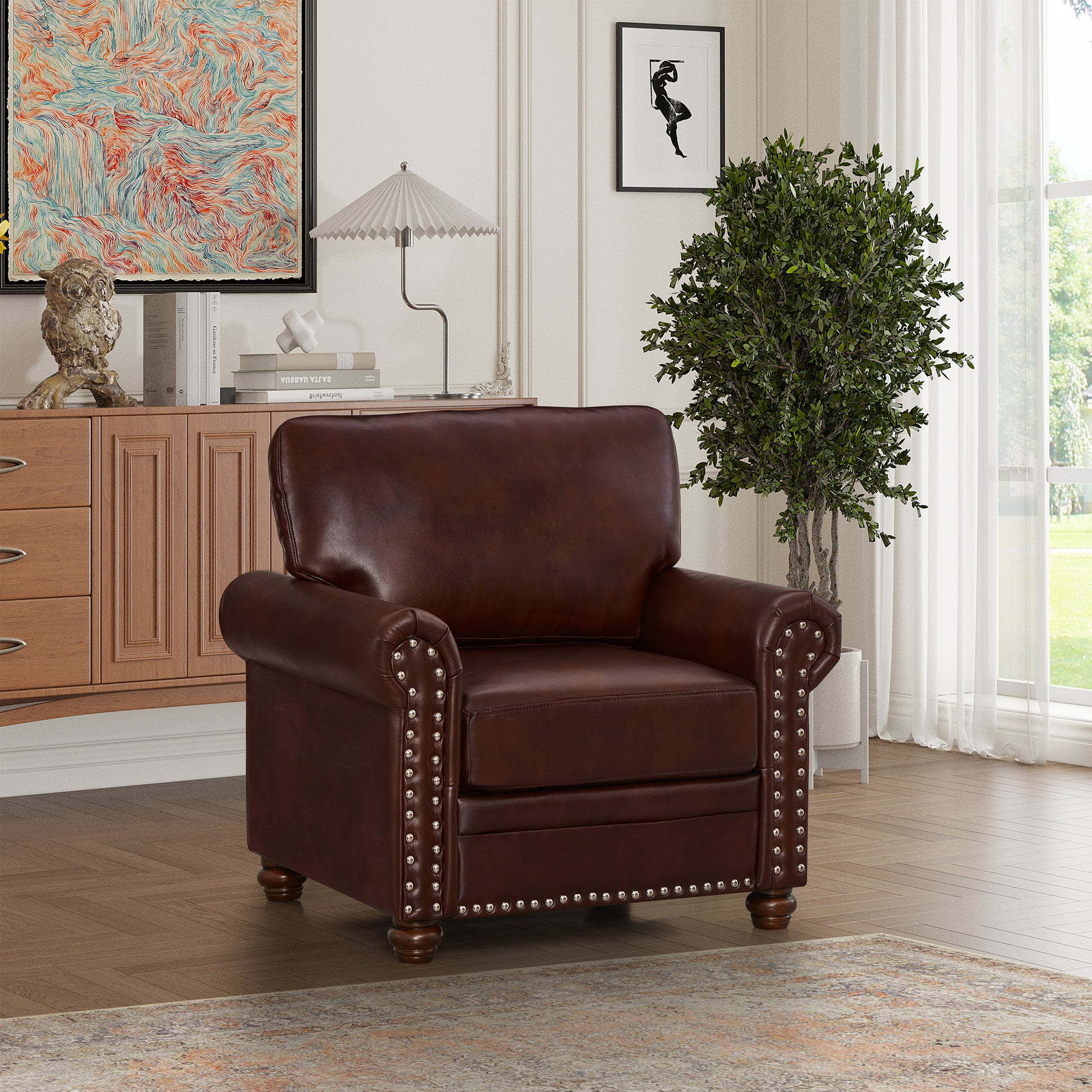 Living Room Sofa Single Seat Chair with Wood Leg Burgundy Faux Leather - Fashions for Home
