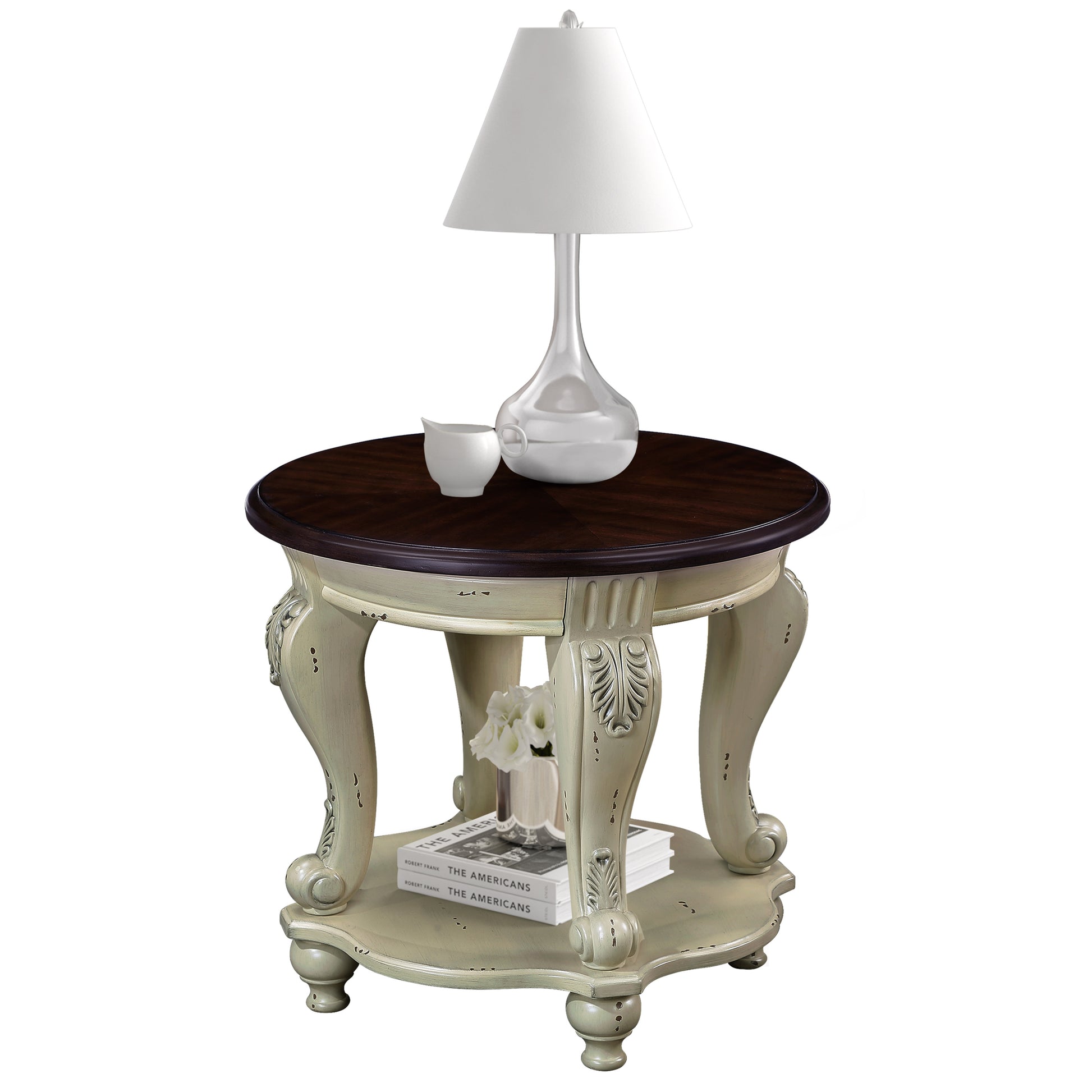 22'' Two Tone Round End Table,Solid Wood Sofa Side Table with Shelf,Living Room Corner Table Easy Assemble,Beige and Espresso Top - Fashions for Home