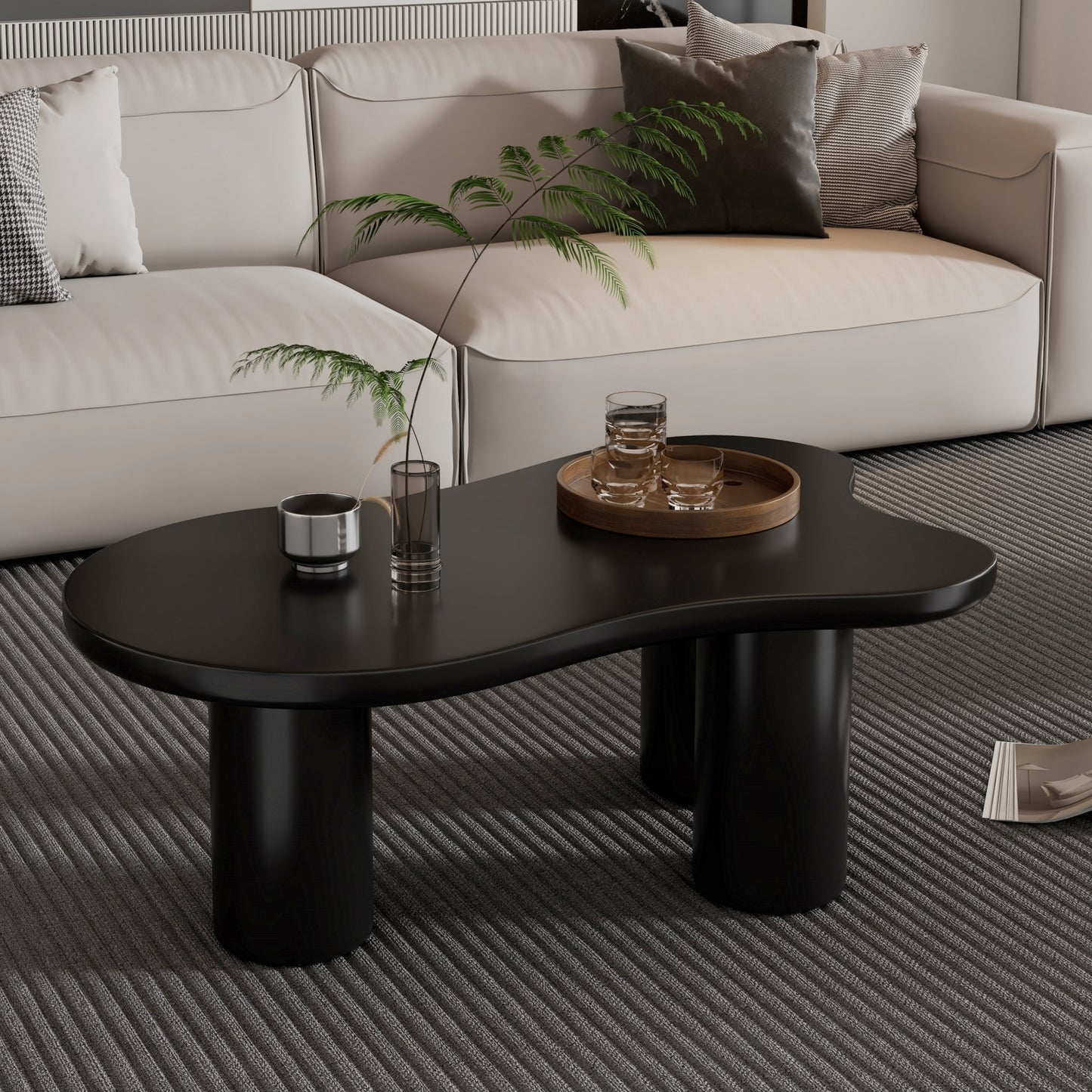 ON-TREND 44'' x 25.9'' Easy Assembly Cloud Coffee Table with 1.5'' Thick Tabletop, Cream Style Irregular End Table with 3 Sturdy Legs, Sleek Center Table with Round Edge for Living Room, Black