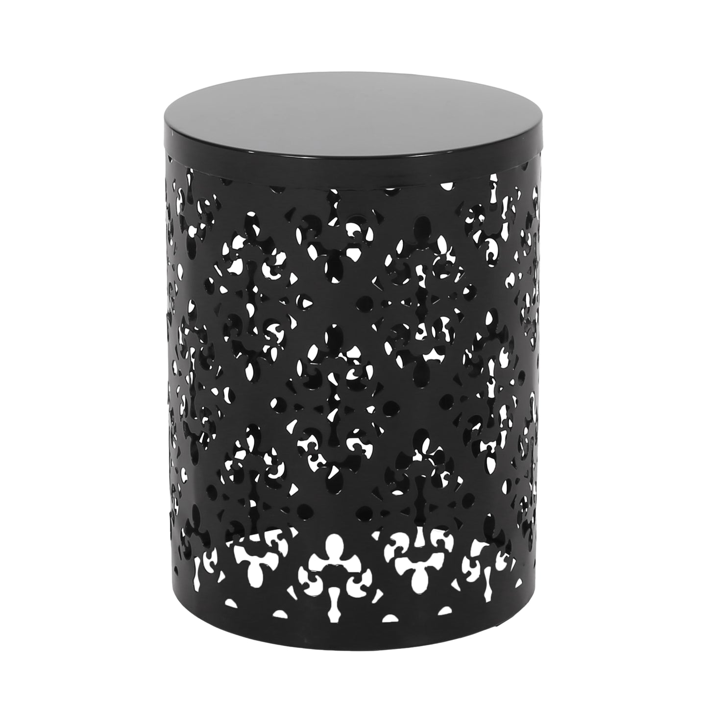 Modern Cylindrical Outdoor Metal End Table with Floral Iron Cut Design, Black, 13.78 x 13.78 x 17.91 inches