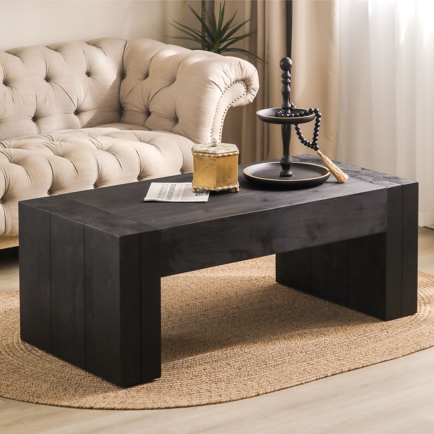 Modern Black Solid Wood Coffee Table, 49in Rectangular Coffee Table for Living Room, Farmhouse & Contemporary Decor