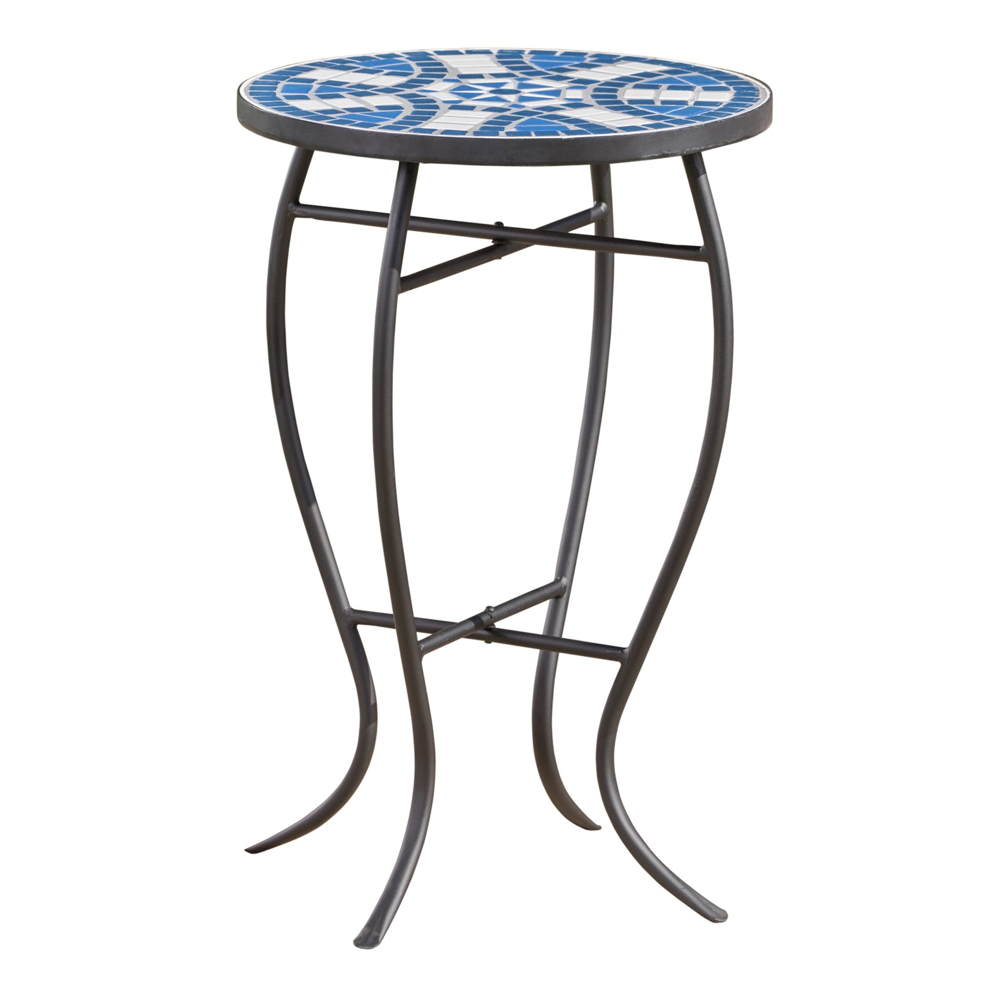 Outdoor Round Side Table with Mosaic-Style Top and Curved Iron Legs, Blue and Matte Black - Fashions for Home