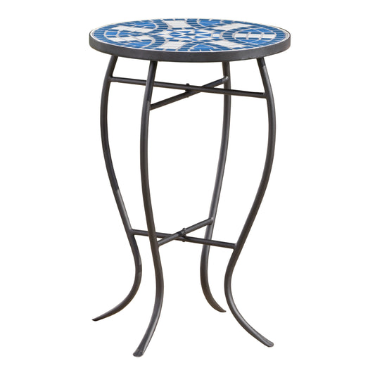 Outdoor Round Side Table with Mosaic-Style Top and Curved Iron Legs, Blue and Matte Black