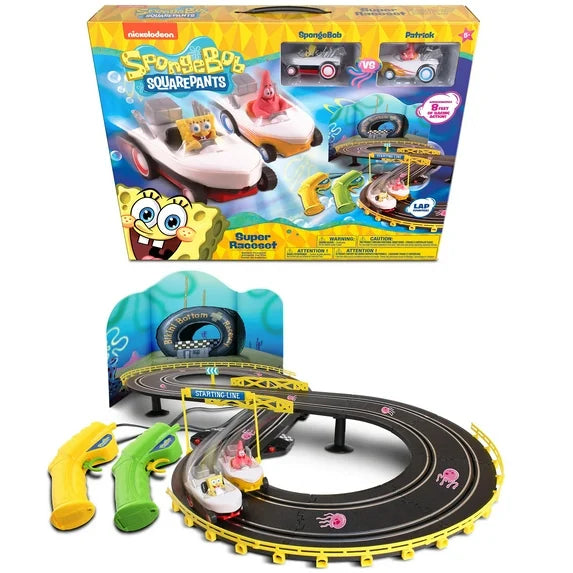 NKOK: Super Slot Car Race Set - SpongeBob Squarepants - Hot Rod Boat Vehicles, 8' Adjustable Track Layout, 2 Player Controllers, Lap Counter, Kids 6+ Fashions for Home