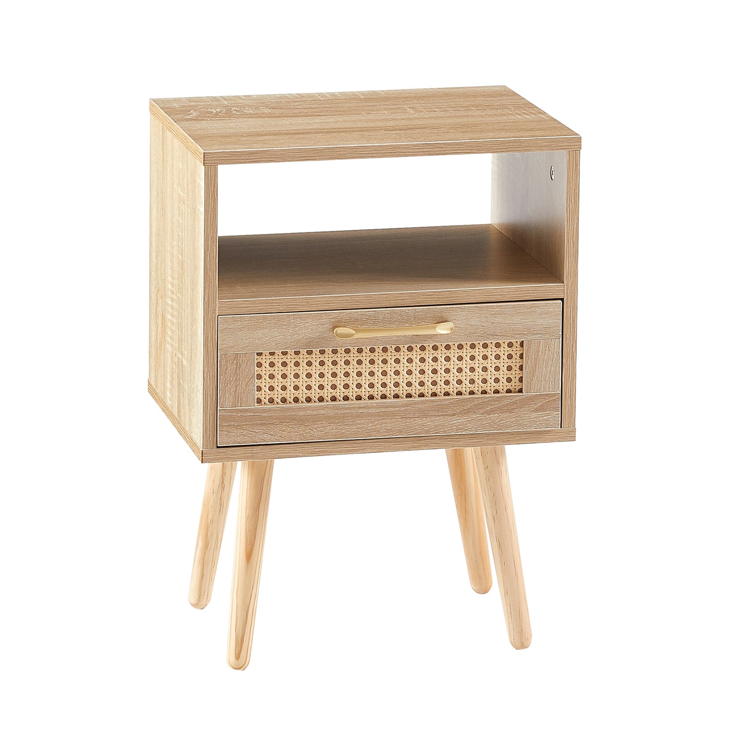 Modern Rattan End Table with Drawer and Solid Wood Legs, Natural Finish, 15.75 inches