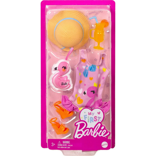 My First Barbie Fashion Pack, Preschool Doll Clothes with Swimsuit and Beach Accessories, 13.5-inch