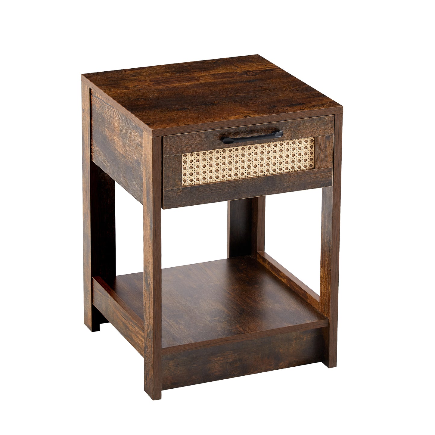 Modern Rattan End Table with Drawer, Rustic Brown MDF with Rattan, 15.75 Inches