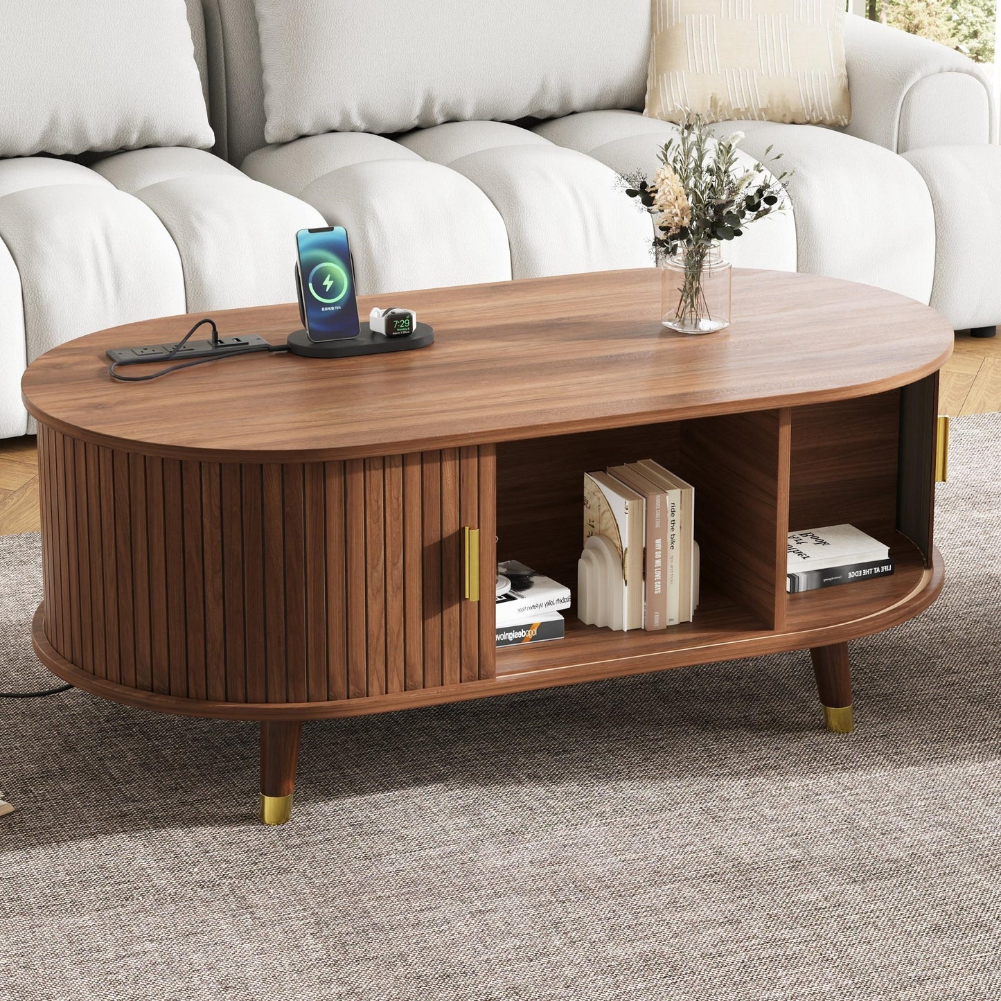 [Assembly Video] 42.5'W Wooden Oval Fluted Coffee Table with Charging Station, Mid-Century Center Table with Sliding Tambour Door,Farmhouse Cocktail Table with Solid Wood Legs for Living Room, Walnut