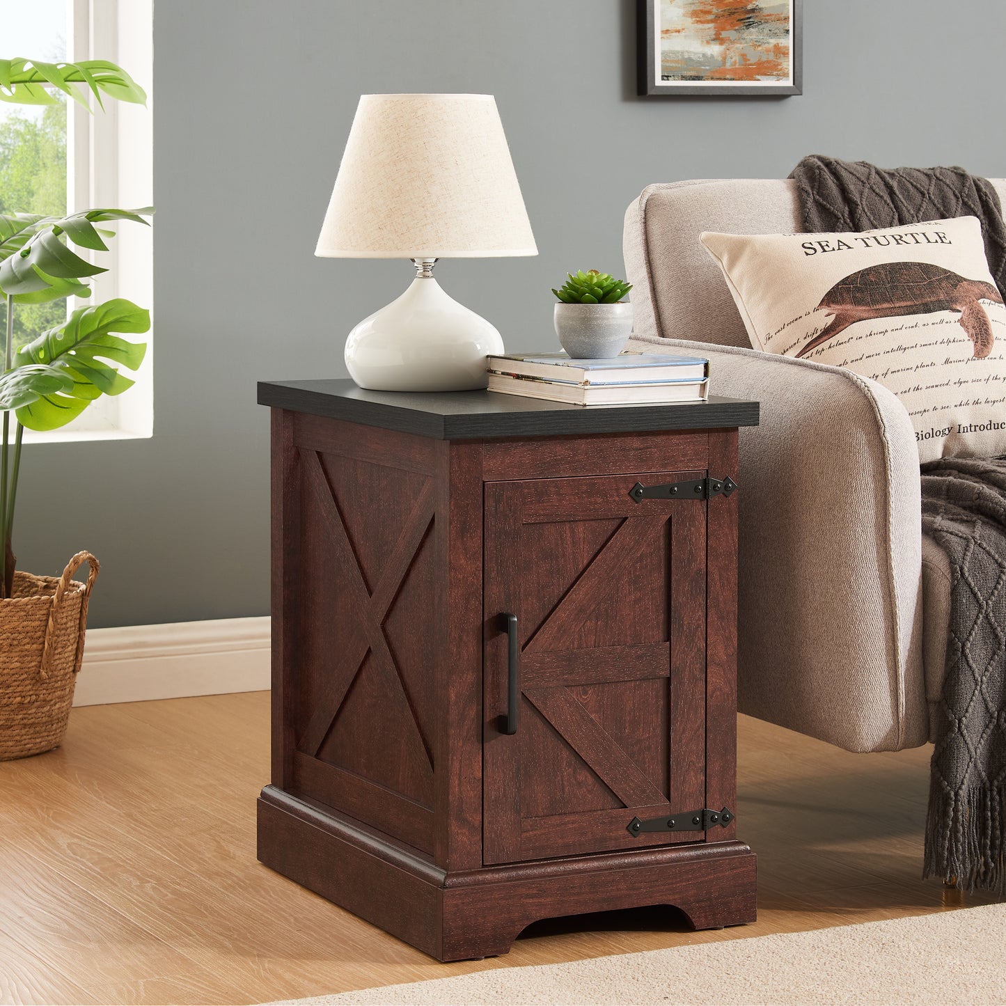 Farmhouse end table Nightstand Rectangular Farmhouse End Table with Barn Door and Adjustable Storage Shelf, Rustic Sofa Side Table for Living Room, Bedroom, OAK - Fashions for Home