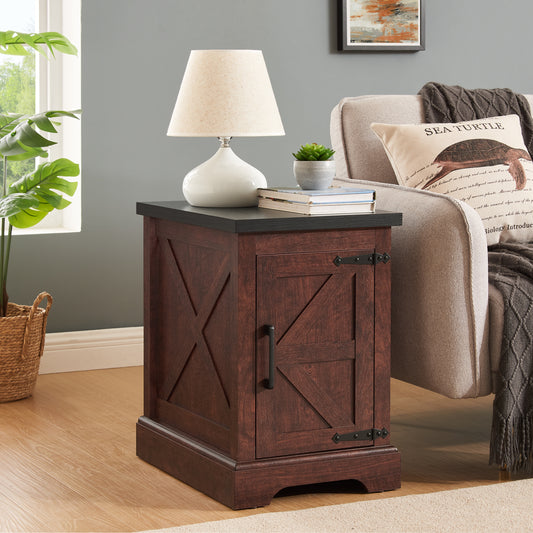 Farmhouse end table Nightstand Rectangular Farmhouse End Table with Barn Door and Adjustable Storage Shelf, Rustic Sofa Side Table for Living Room, Bedroom, OAK - Fashions for Home