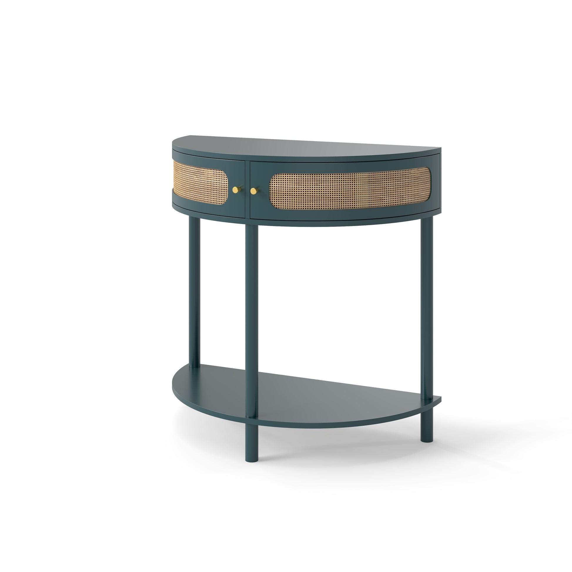 Boho Rattan Semi Circle End Table with Sliding Rattan Door, Elegant Green Entryway Console with Storage and Bottom Shelf - Fashions for Home