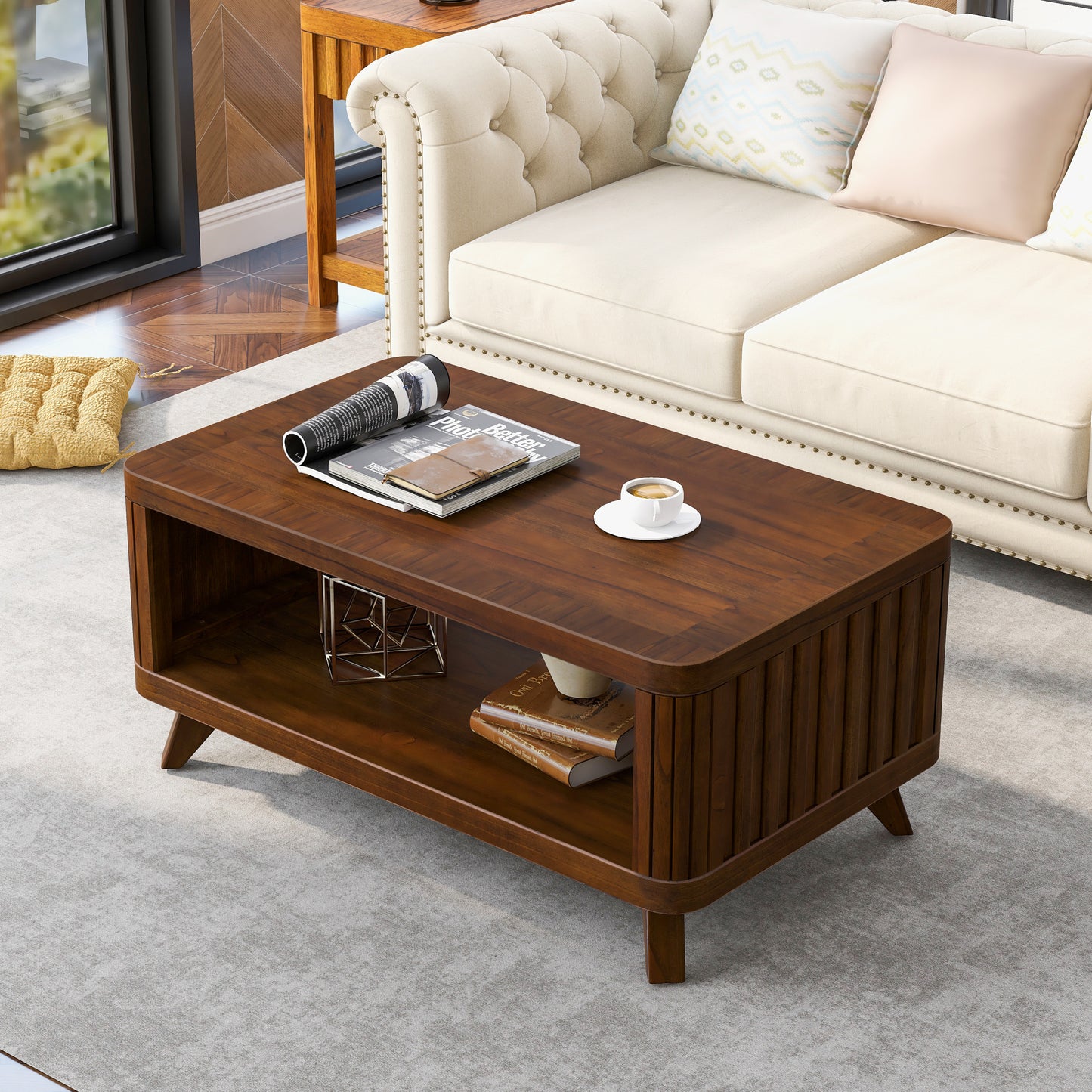 Rectangular Wood Coffee Table for Living Room, 41.5-Inch Coffee Table with Solid Wood Legs, Wood Center Table Tea Table with Open Storage Shelf. Easy Assembly,  Espresso