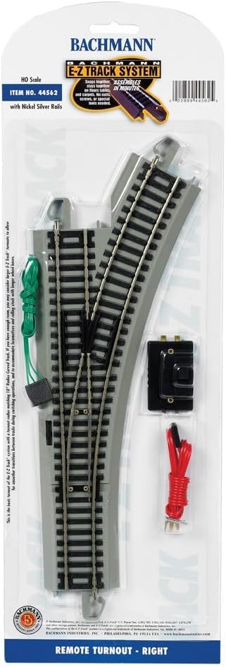 Bachmann Trains - Snap-Fit E-Z TRACK REMOTE TURNOUT - RIGHT (1/card) - NICKEL SILVER Rail With Gray Roadbed - HO Scale Fashions for Home