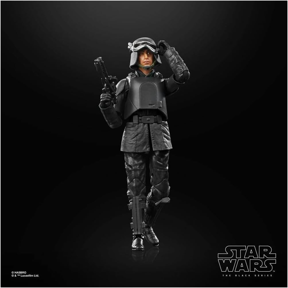 Star Wars The Black Series Imperial Officer (Ferrix) action figure in detailed uniform with blaster and stand.