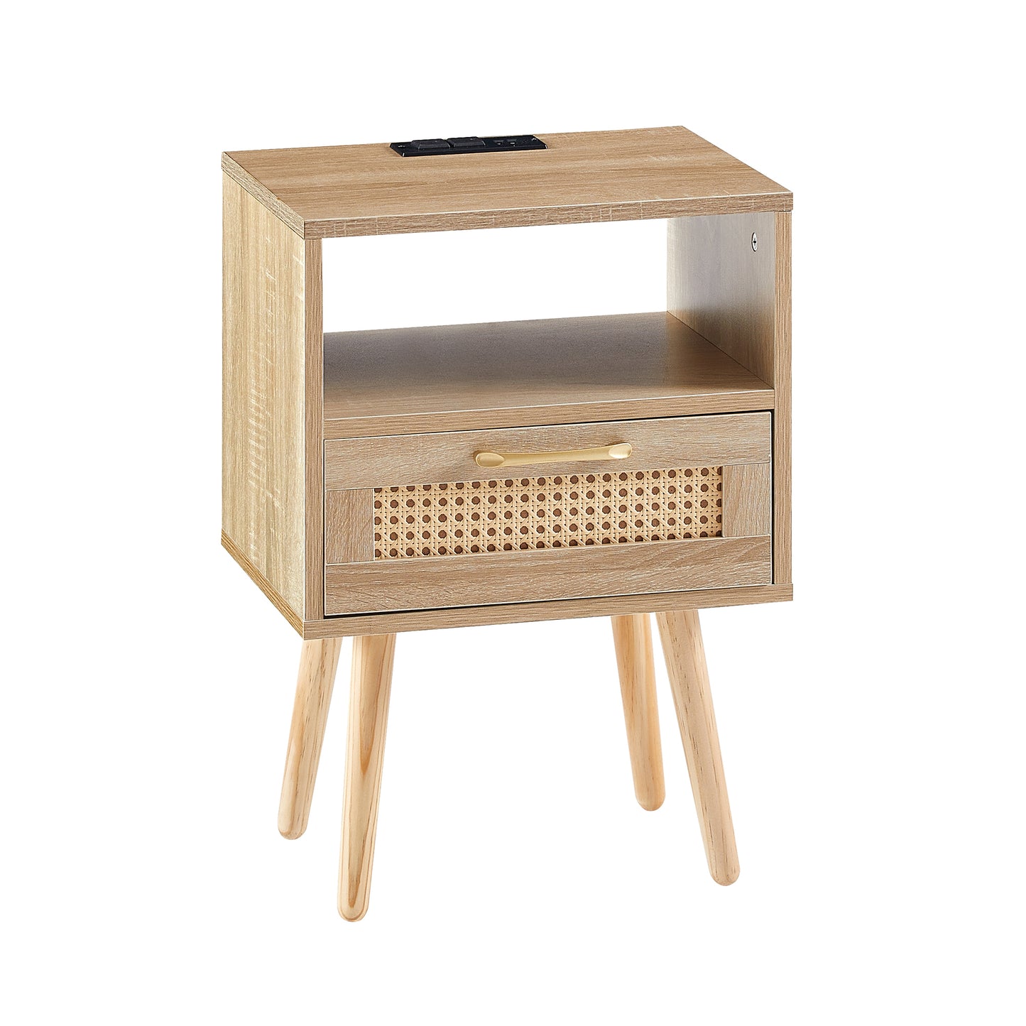 Modern Rattan End Table with Power Outlet & USB Ports, Natural MDF and Solid Wood, 15.75 Inch