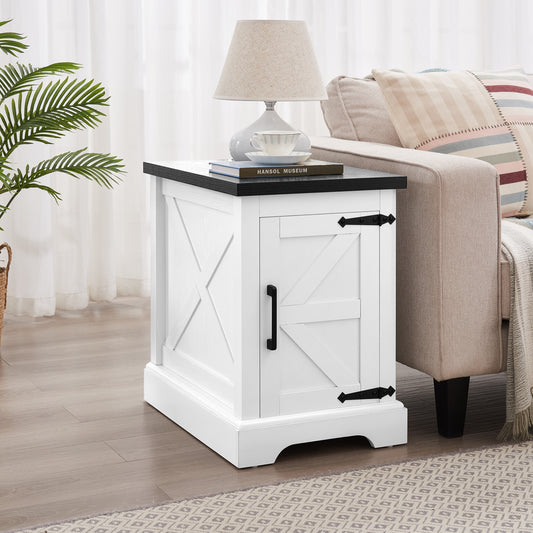 Farmhouse end table Nightstand Rectangular Farmhouse End Table with Barn Door and Adjustable Storage Shelf, Rustic Sofa Side Table for Living Room, Bedroom, White - Fashions for Home