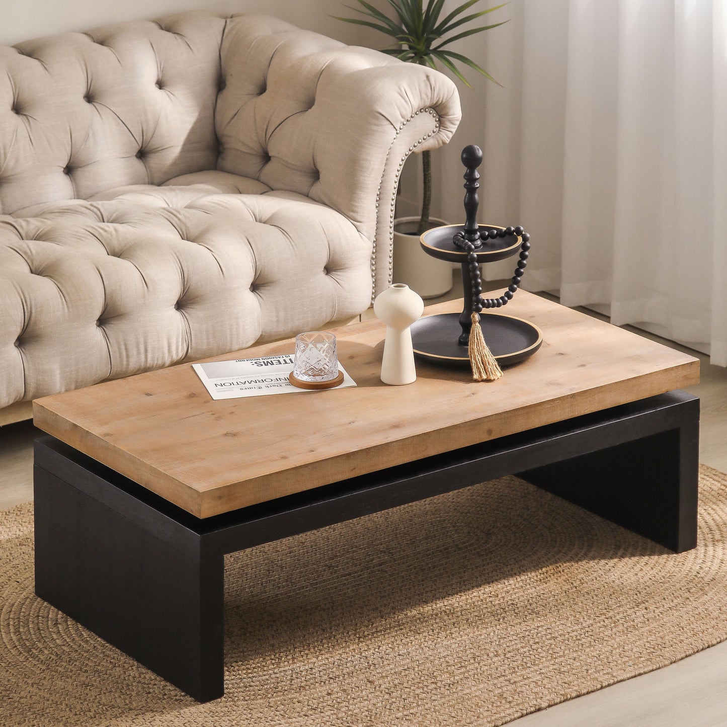 Modern Industrial Coffee Table – Two-Tone Wood Center Table with Floating Top Design 47.6' L * 23.6' W * 16.3' H