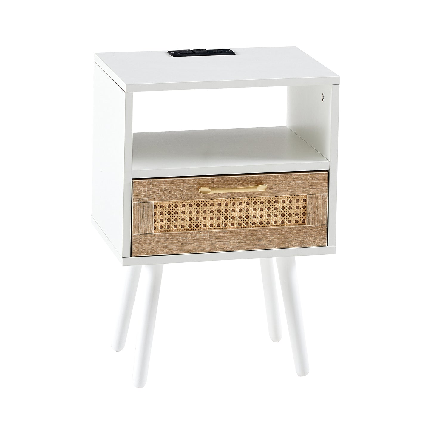 Modern Rattan End Table with Power Outlet & USB Ports, White MDF & Solid Wood, 15.75' - Fashions for Home