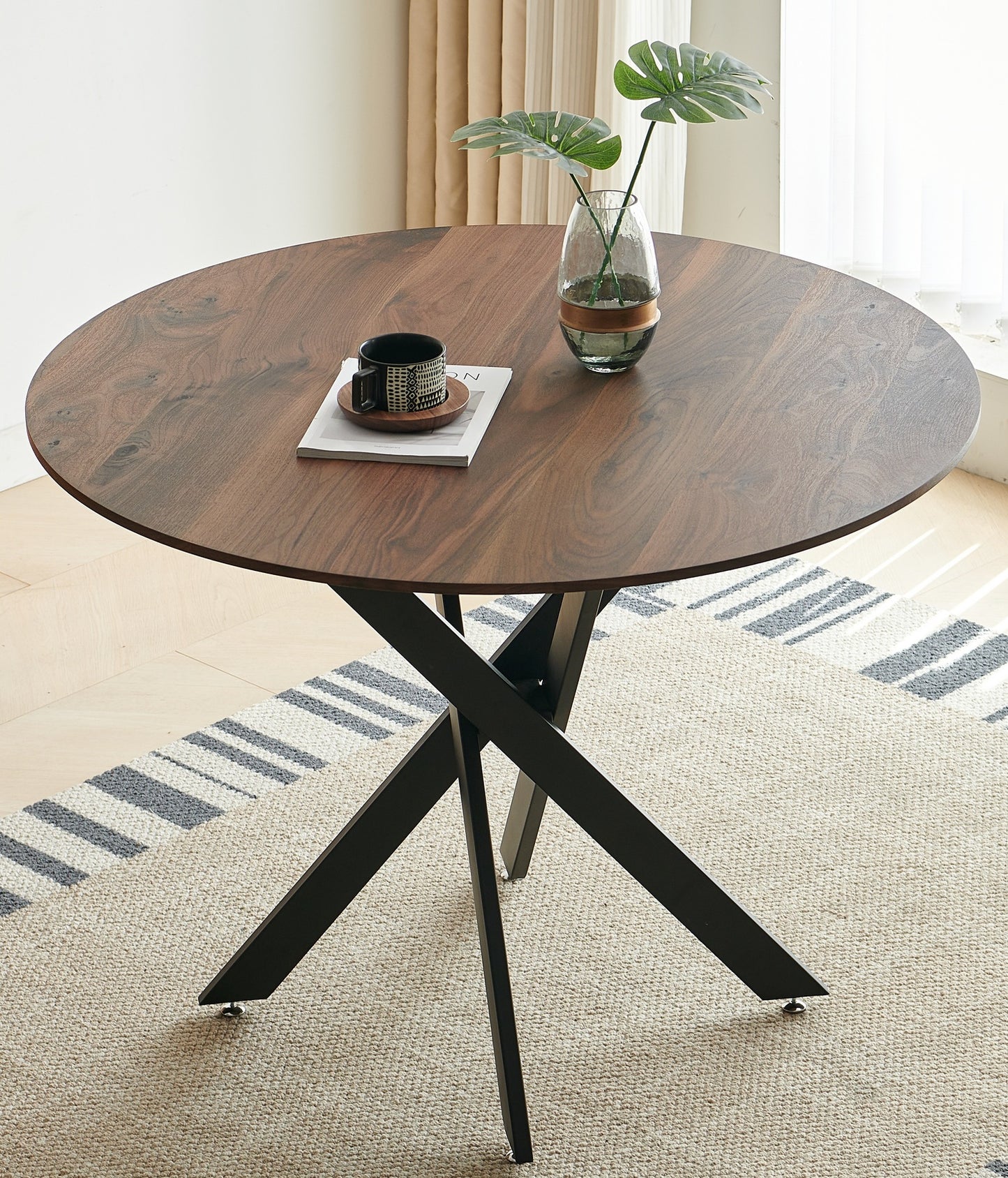 42.1'BLACK AND WOOD COLOR Table Mid-century Dining Table for 4-6 people With Round Mdf Table Top, Pedestal Dining Table, End Table Leisure Coffee Table,cross leg