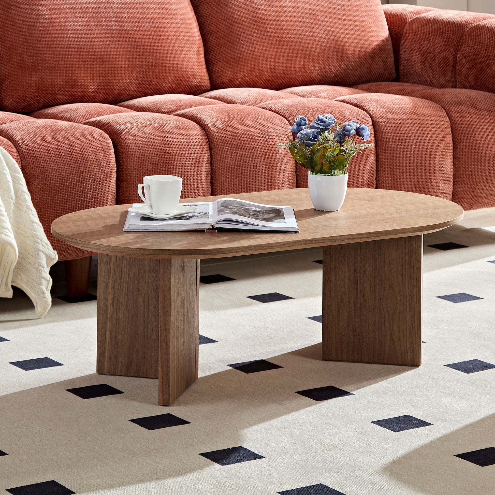 Length 39.37 Inch Modern Coffee Table,MDF Oval Coffee Table for Living Room,Small Coffee Table with Sturdy Pedestal for Apartment,Bedroom,Walnut - Fashions for Home