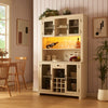 Farmhouse Coffee Bar Cabinet with LED Lights and Outlets with Wine Bottle Rack, 70