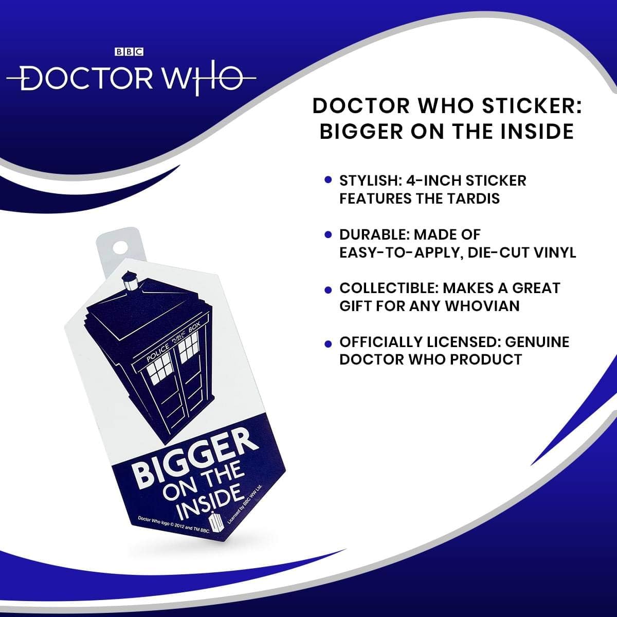 Doctor Who Sticker: Bigger On The Inside - 4-Inch TARDIS White Vinyl Sticker - Graphic Print Decals - Accessories For Car, Wall, Bumper, Laptop, Window - Classic DW Decal Stickers - Great Gift Idea