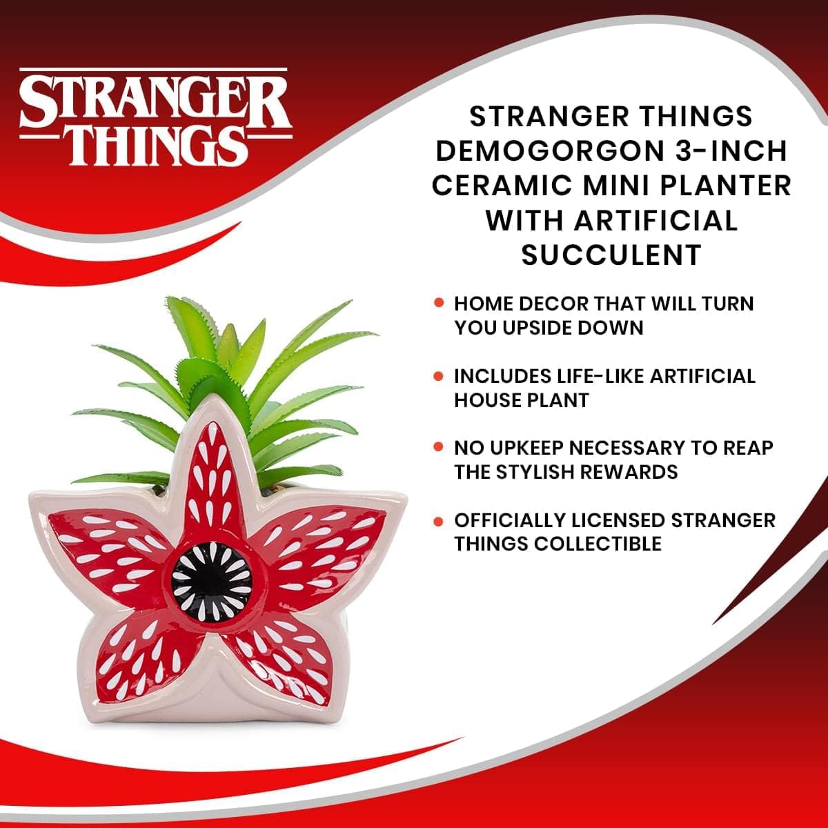 Stranger Things Demogorgon 3-Inch Ceramic Mini Planter with Artificial Succulent | Small Flower Pot, Faux Indoor Plants For Desk Shelf, Home Decor Trinket Tray | Horror Movie Gifts and Collectibles