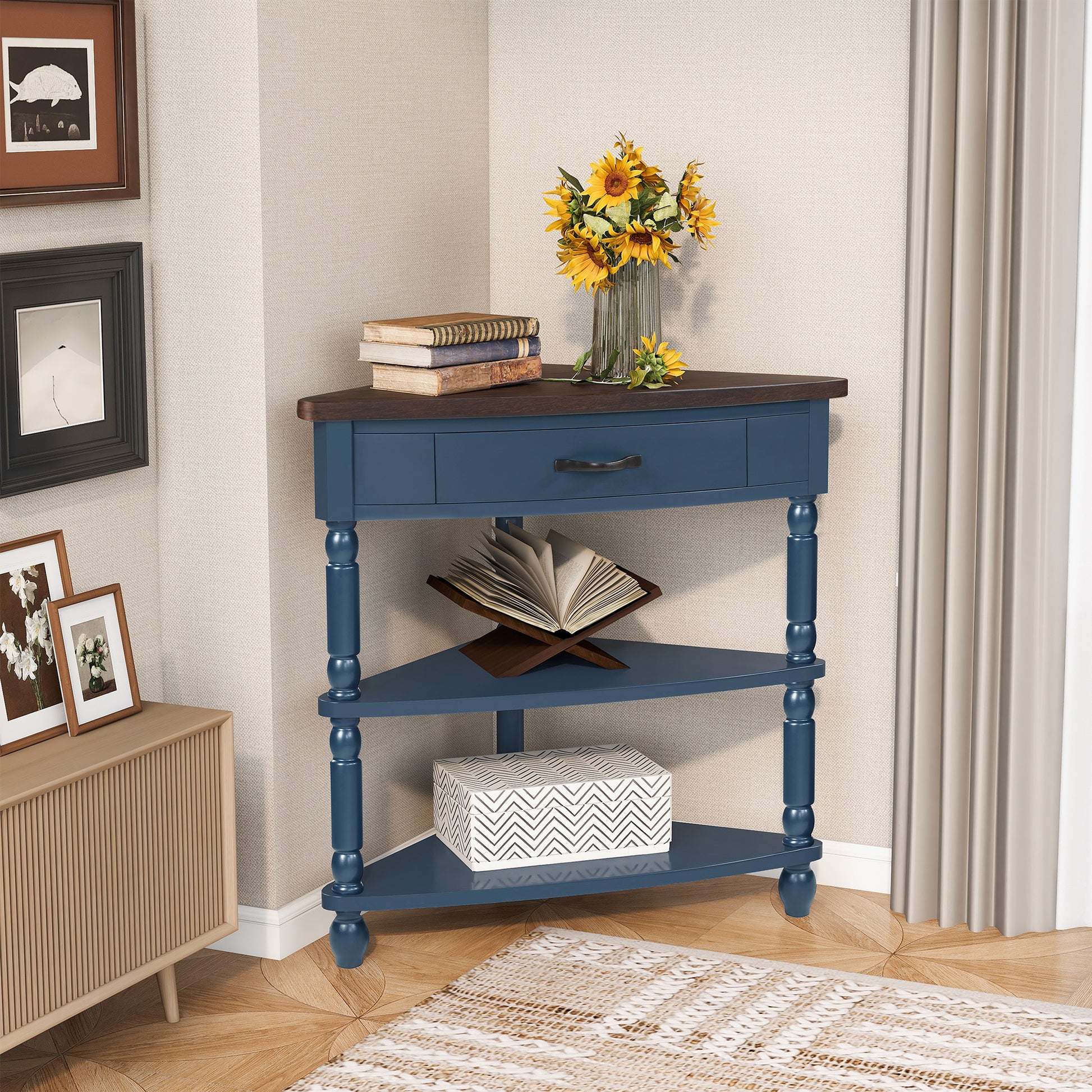 33.8'' Small Triangle Corner Table, Wood Corner Side Table for Small Spaces/ Living Room, 3 Tier End Corner Table with Solid Wood Legs, Navy Blue and Espresso Top - Fashions for Home