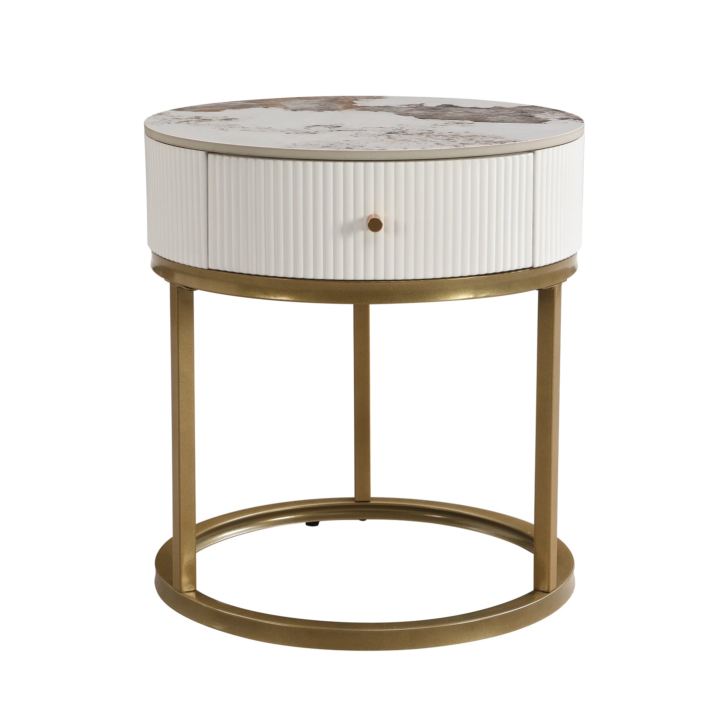 Modern Nightstand with Drawer, Marble Round End Table, White Iron Frame, 19.68 Inches