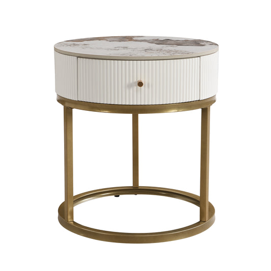 Modern Nightstand with Drawer, Marble Round End Table, White Iron Frame, 19.68 Inches