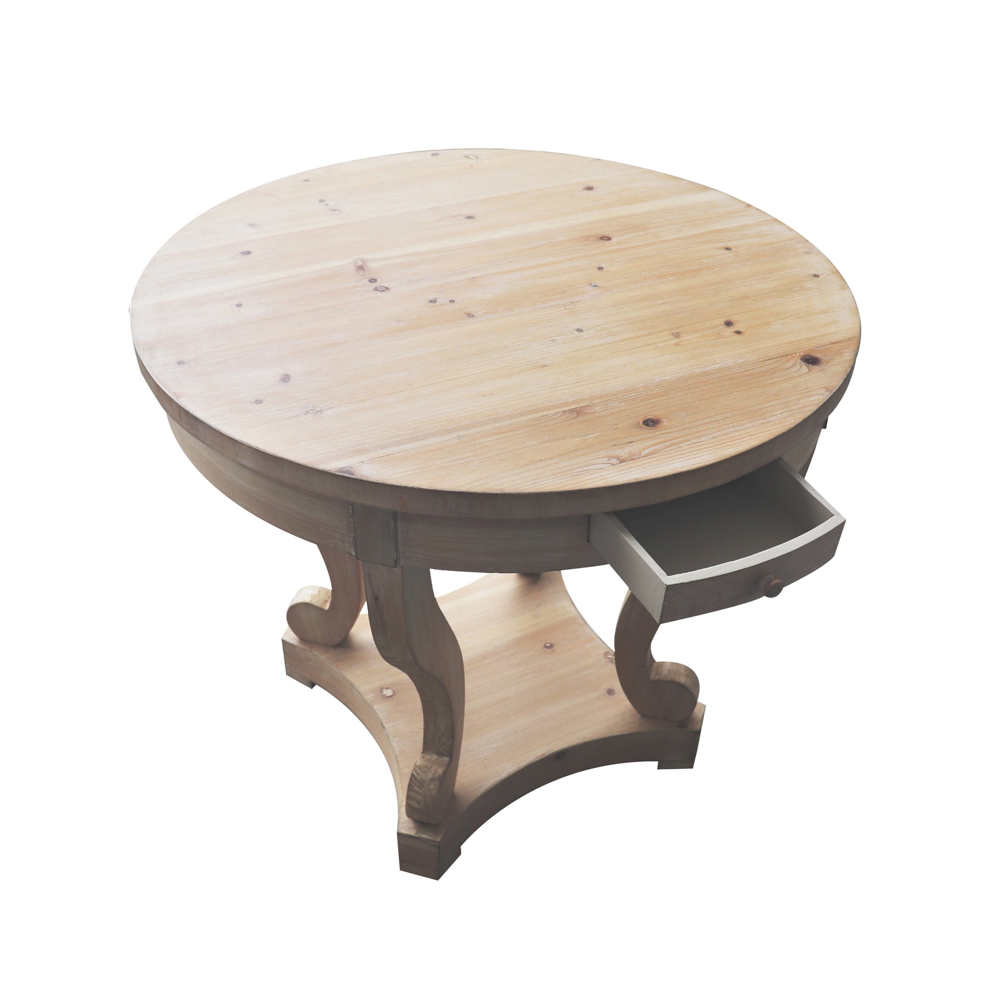 Farmhouse Style Round Dining Table with Curved Legs in Natural Wood Grain, Small Size, Distressed Finish - Fashions for Home