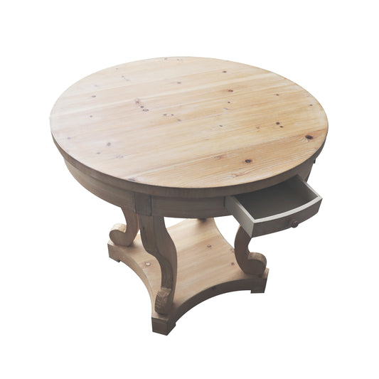 Farmhouse Style Round Dining Table with Curved Legs in Natural Wood Grain, Small Size, Distressed Finish - Fashions for Home