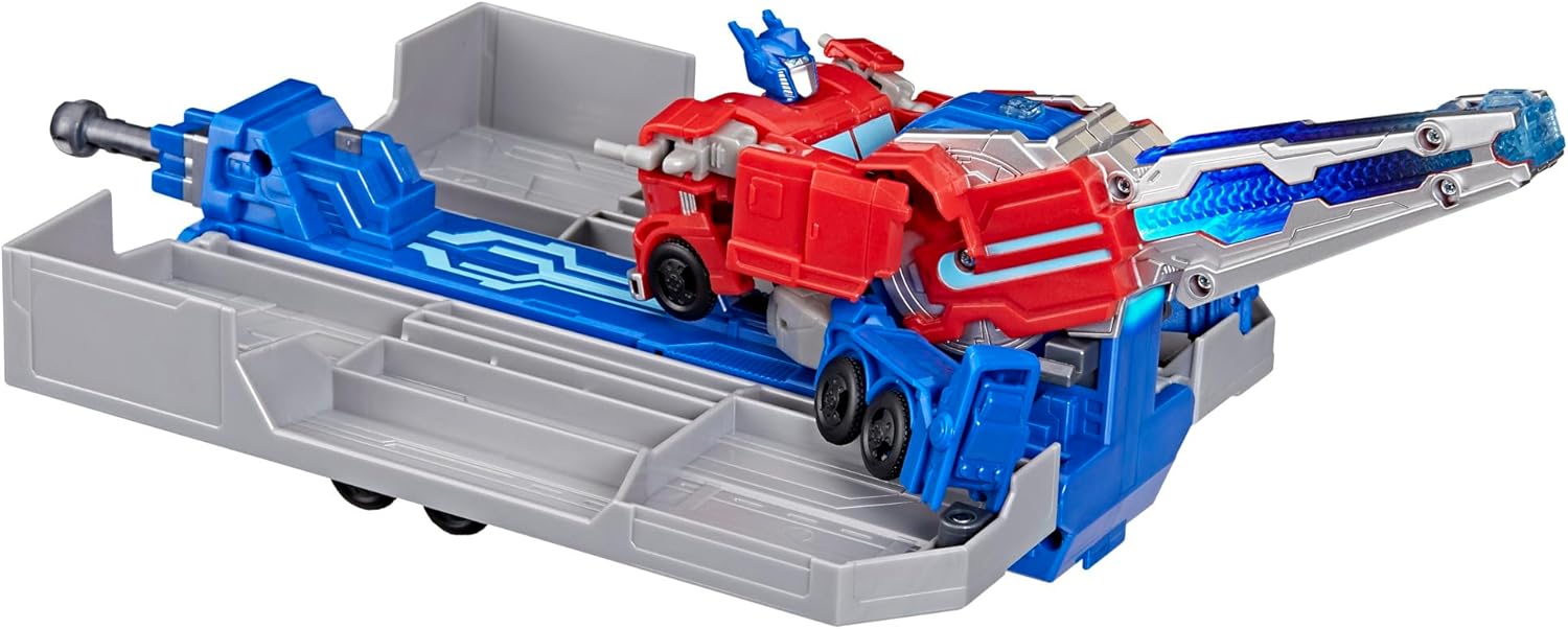 TRANSFORMERS EarthSpark Optimus Prime Battle Trailer Playset with Action Figure, Lights and Sounds, Electronic Truck Toys for Kids 6 and Up