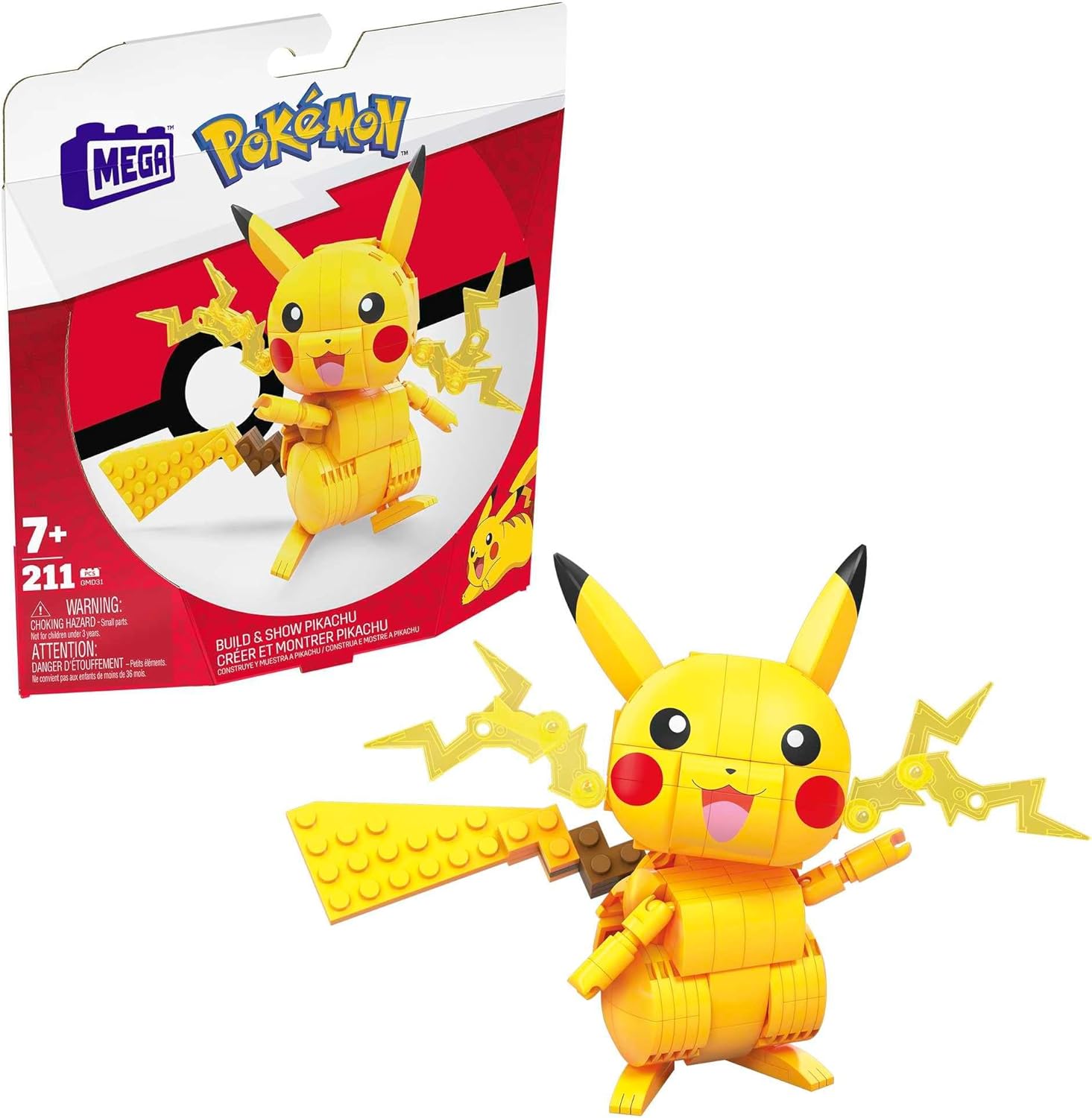 MEGA Pokémon Building Toys Set Build & Show Pikachu with 205 Pieces, Articulated and Poseable, 4 Inches Tall, for Kids