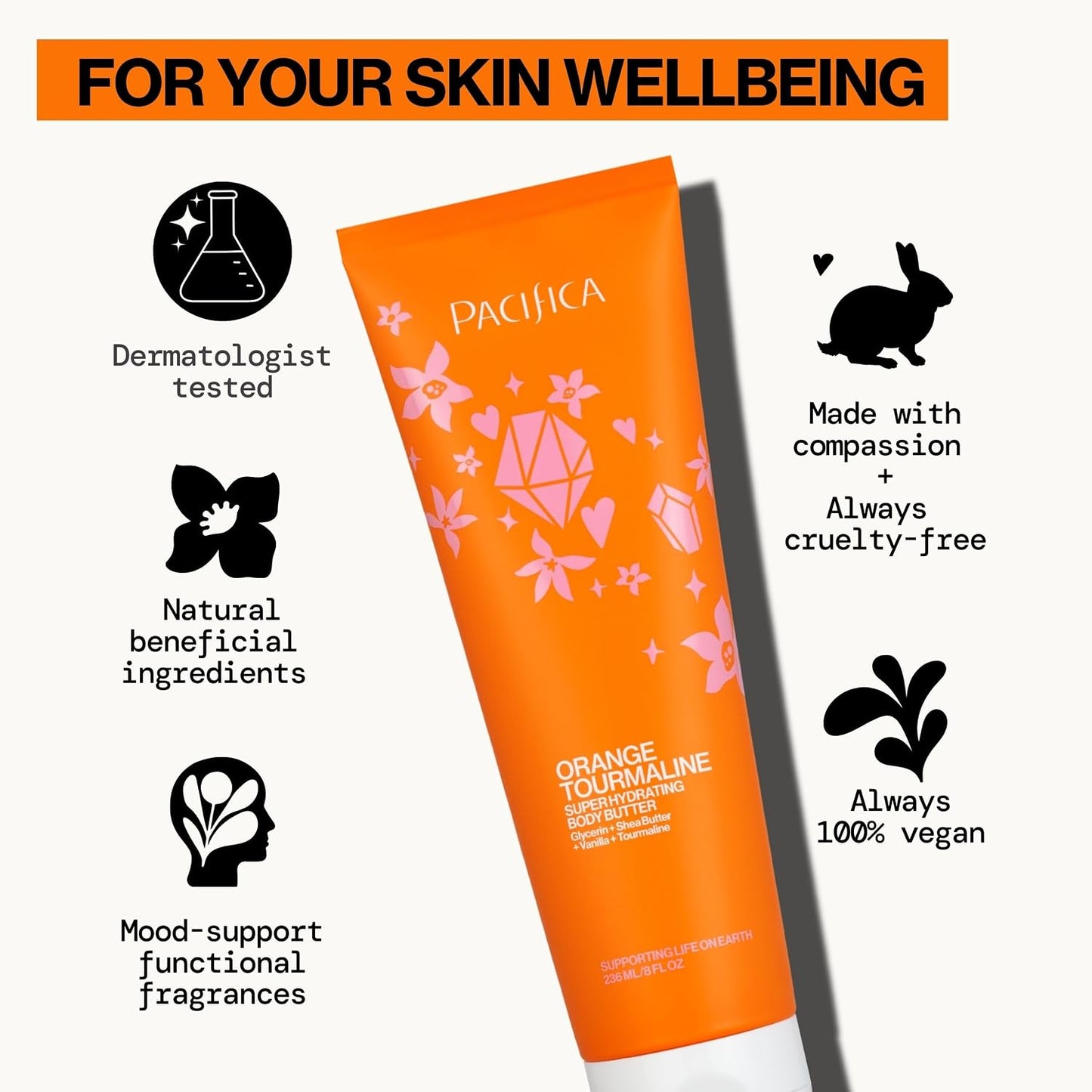 Pacifica Orange Tourmaline Body Butter – Super Hydrating Moisturizer for Dry Skin, Ultra-Rich Cream with Shea Butter & Vitamin E, Clean Beauty, Vegan, Cruelty-Free, Citrus Scent, 6 oz