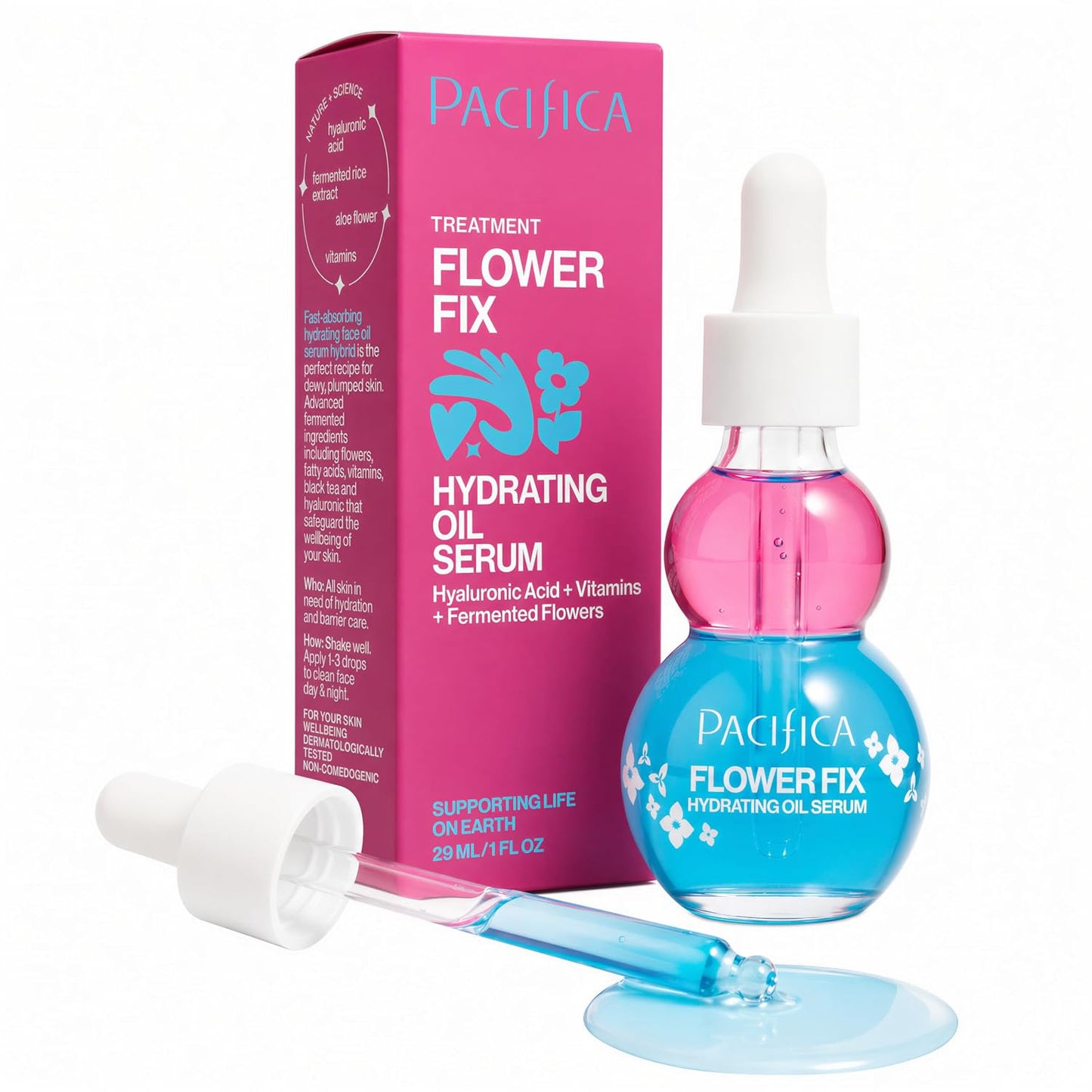 Pacifica Face Oil Serum - Flower Fix Bi-Phase Hydrating Skin Barrier - w/Hyaluronic Acid & Natural Botanical Ingredients - for Dry Sensitive Skin Vegan & Cruelty-Free Dermatologist Approved