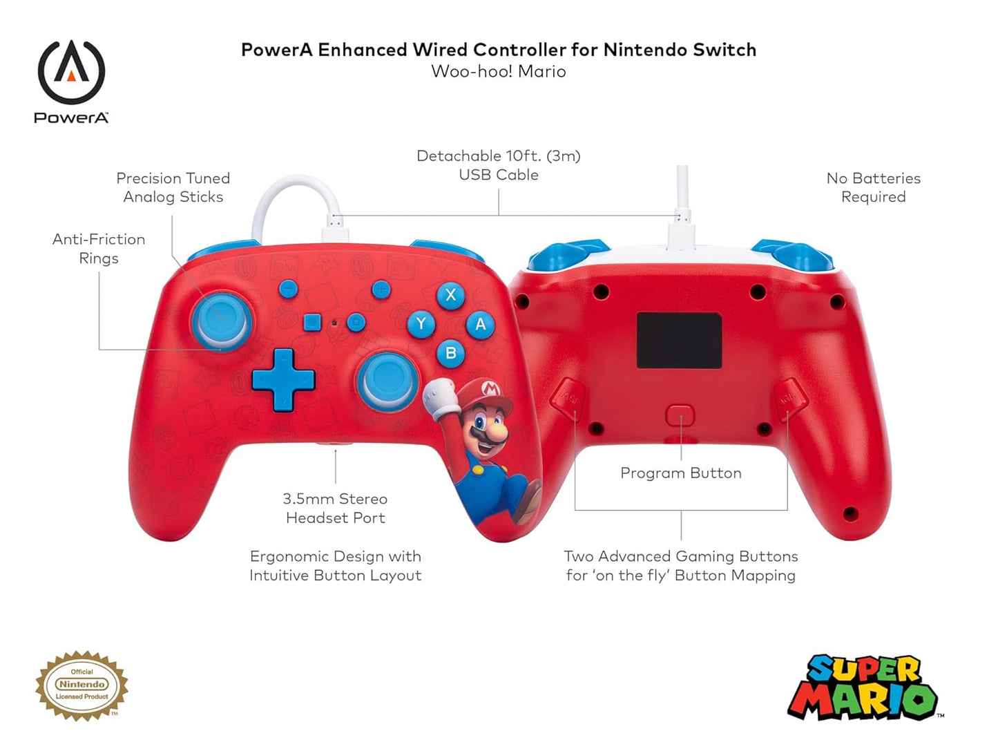 PowerA Enhanced Wired Controller for Nintendo Switch - Woo-hoo! Mario, Gamepad, game controller, wired controller, officially licensed