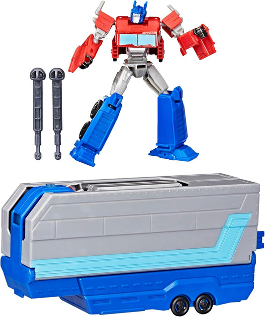 TRANSFORMERS EarthSpark Optimus Prime Battle Trailer Playset with Action Figure, Lights and Sounds, Electronic Truck Toys for Kids 6 and Up