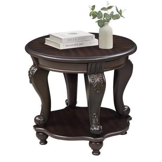 22'' Two Tone Round End Table,Solid Wood Sofa Side Table with Shelf,Living Room Corner Table Easy Assemble, Espresso