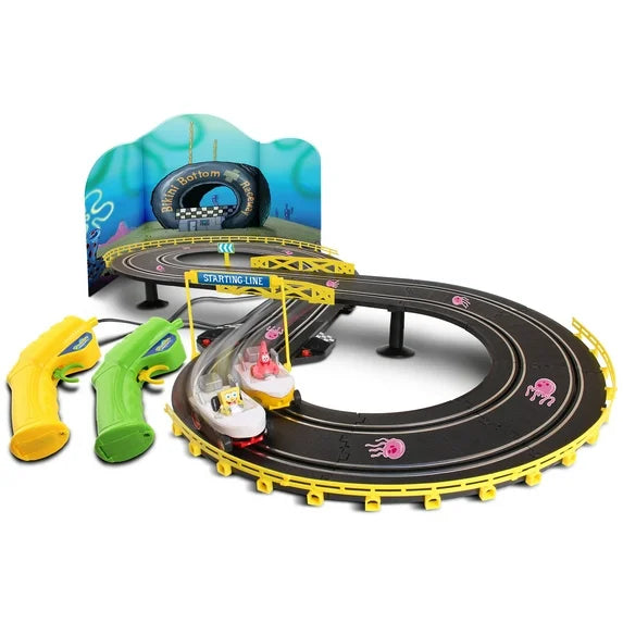 NKOK: Super Slot Car Race Set - SpongeBob Squarepants - Hot Rod Boat Vehicles, 8' Adjustable Track Layout, 2 Player Controllers, Lap Counter, Kids 6+ Fashions for Home
