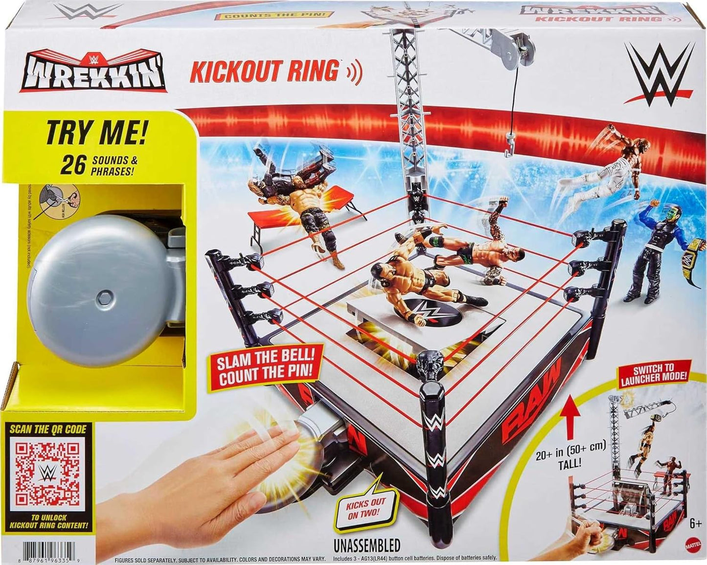 Mattel WWE Wrekkin' Kickout Ring Playset with Accessories & 2 Play Modes, Includes Launcher, Crane, WWE Championship & More, 13-inch x 20-inch