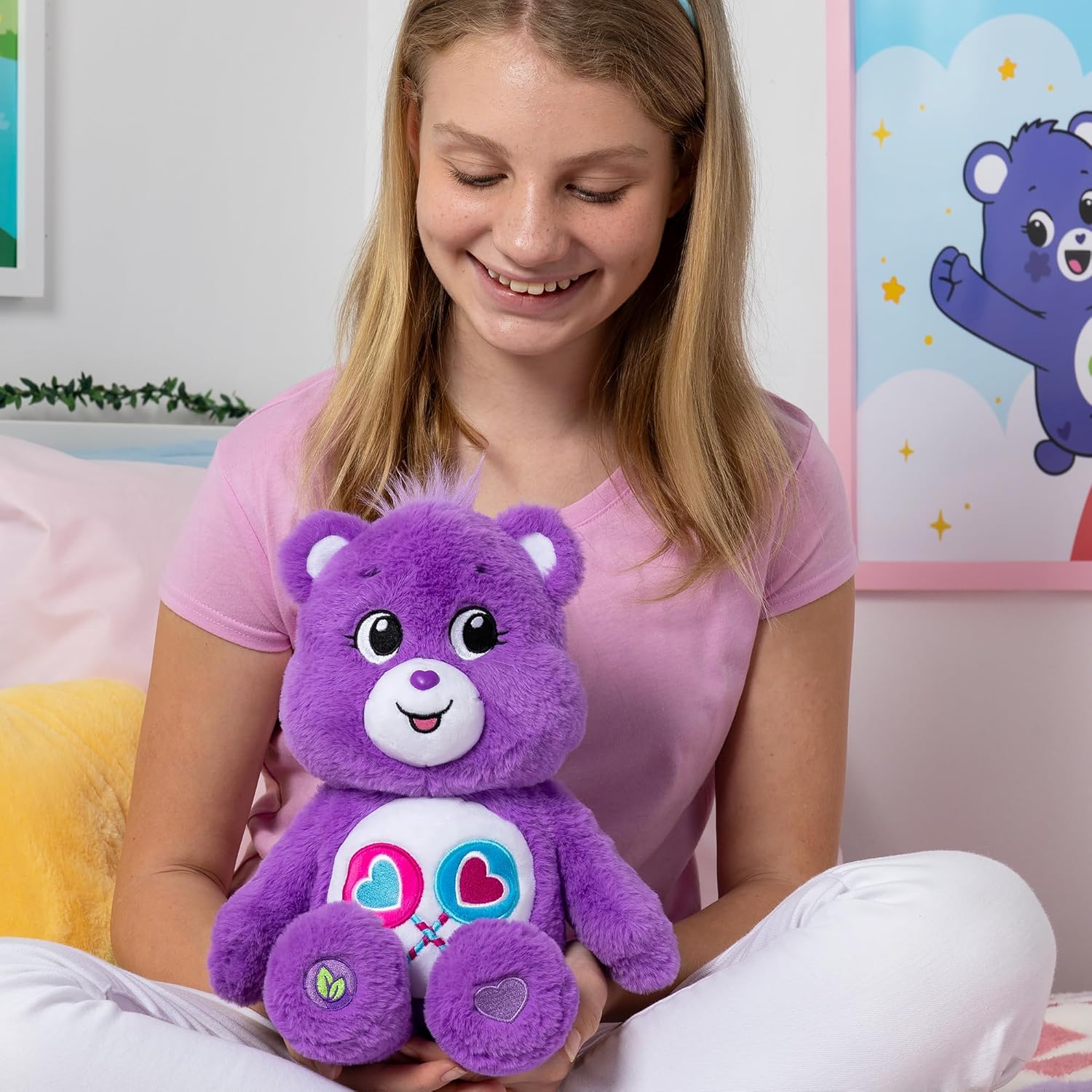 Care Bears 14" Share Bear Plushie - Medium Size - Purple Plush for Ages 4+ – Perfect Stuffed Animal Holiday, Birthday Gift, Super Soft and Cuddly – Good For Girls and Boys, Employees, Collectors