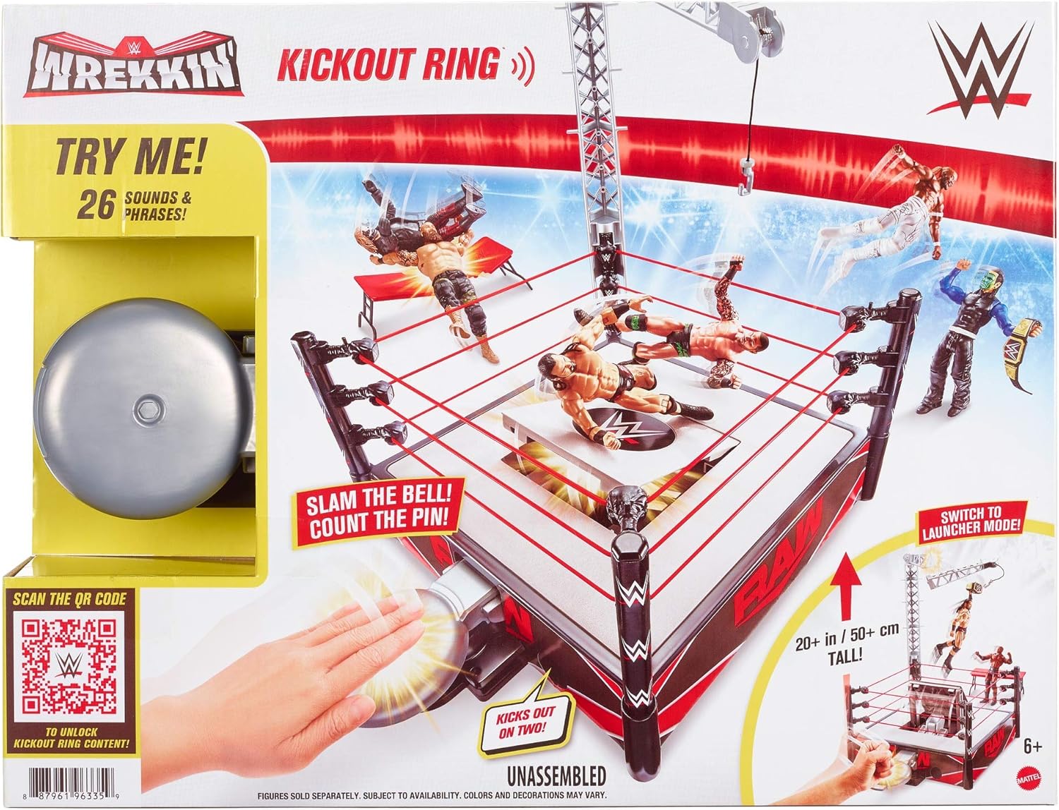 Mattel WWE Wrekkin' Kickout Ring Playset with Accessories & 2 Play Modes, Includes Launcher, Crane, WWE Championship & More, 13-inch x 20-inch