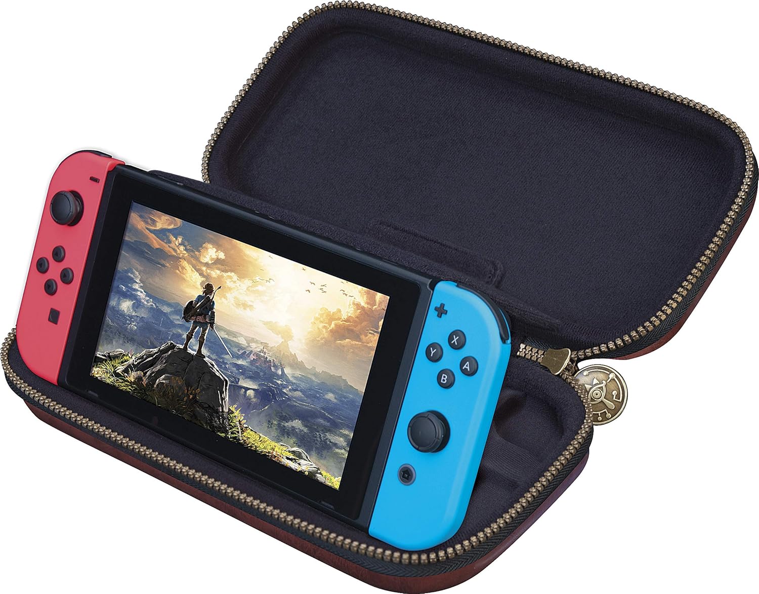 Officially Licensed Nintendo Switch Deluxe Zelda Link Travel Case – Premium Hard Case Made with Koskin Saddle Leather Embossed with Zelda Breath of The Wild Art 2 Game Cases