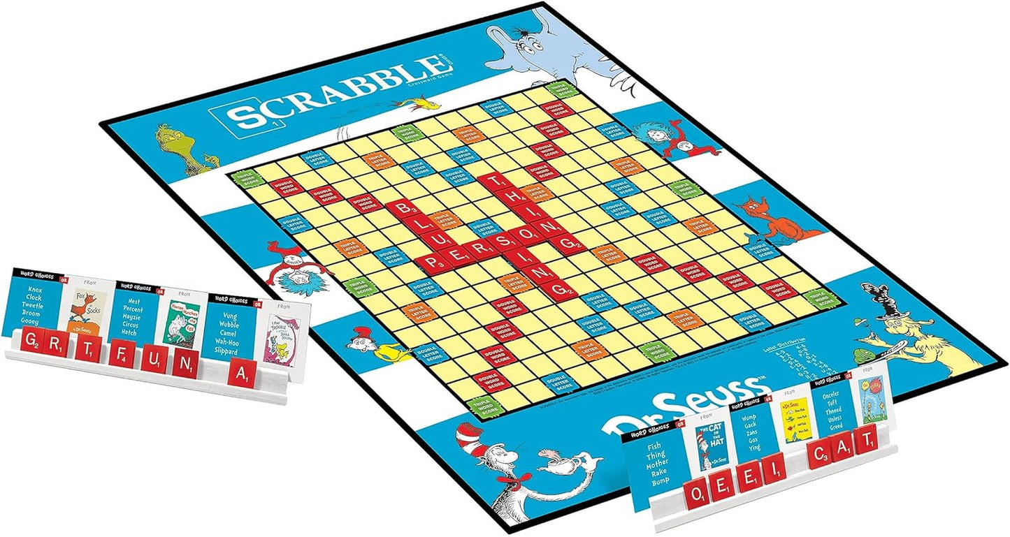 Scrabble Dr. Seuss Board Game | Official Scrabble Game with a Rhyming Twist | Custom Dr. Seuss Cards and Themed Scrabble Board | Bonus Points | Play Traditional Rules Plus New Features
