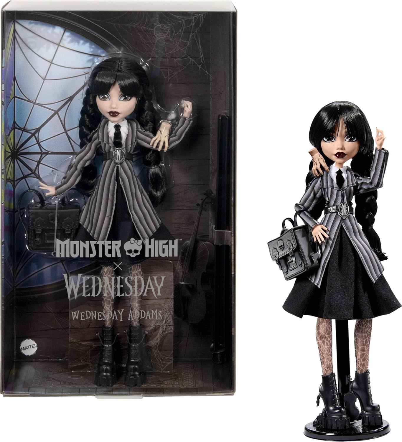 Monster High Wednesday Doll and Accessories, Wednesday Addams Collectible in Nevermore Academy Uniform with Thing and Backpack, Doll Stand